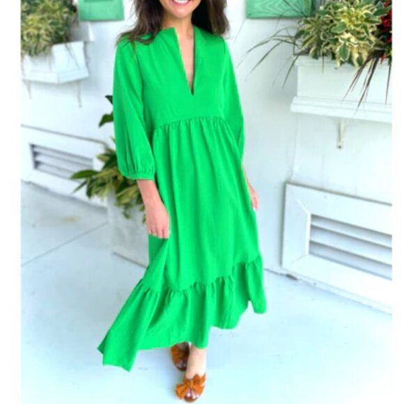 Zara Linen Blend Tiered Ruffle Hem Midi Dress Green Size Large - Picture 1 of 6